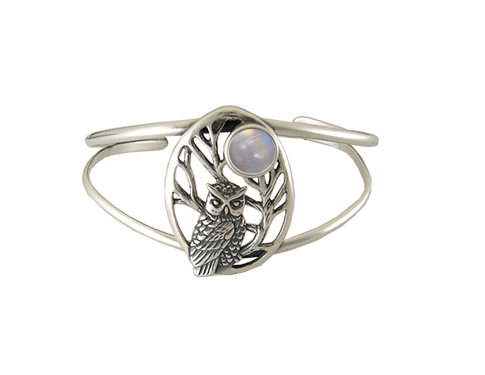 Sterling Silver Owl of the Dark Night Cuff Bracelet with Rainbow Moonstone